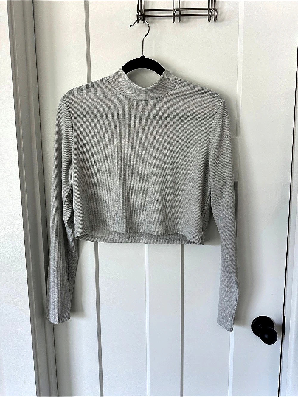 Gray Mock Neck Long Sleeve Top- shimmery